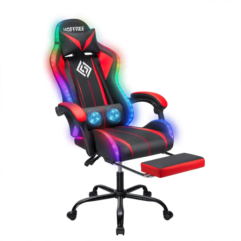 New Model 1.2 Two-Point Massage Lumbar with 135-Degree LED Light Strip 11 Front three-quarter view of a red and black Hoffree gaming chair featuring glowing RGB lighting and a 1.2 Two-Point Massage Lumbar cushion.