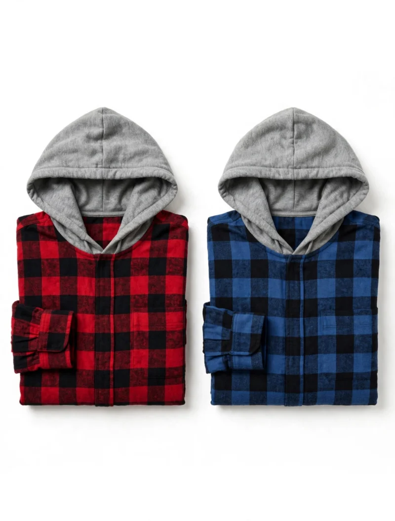 2pcs Men's New York Fashion Trendy Plaid Shirt Hoodie, Plaid Pullover Sweatshirt Flannel Hoodie 15 Two folded long-sleeve fashion trendy plaid shirt hoodies displayed side by side, one in red and black buffalo check and the other in royal blue and black check.