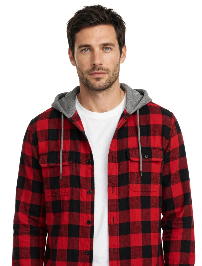 2pcs Men's New York Fashion Trendy Plaid Shirt Hoodie, Plaid Pullover Sweatshirt Flannel Hoodie 17 Front close-up of a male model wearing a red and black fashion trendy plaid shirt hoodie open over a plain white t-shirt.