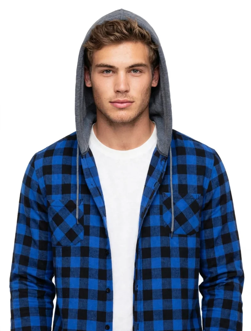 2pcs Men's New York Fashion Trendy Plaid Shirt Hoodie, Plaid Pullover Sweatshirt Flannel Hoodie 16 Front close-up of a male model wearing a blue and black fashion trendy plaid shirt hoodie over a white t-shirt against a plain white background.