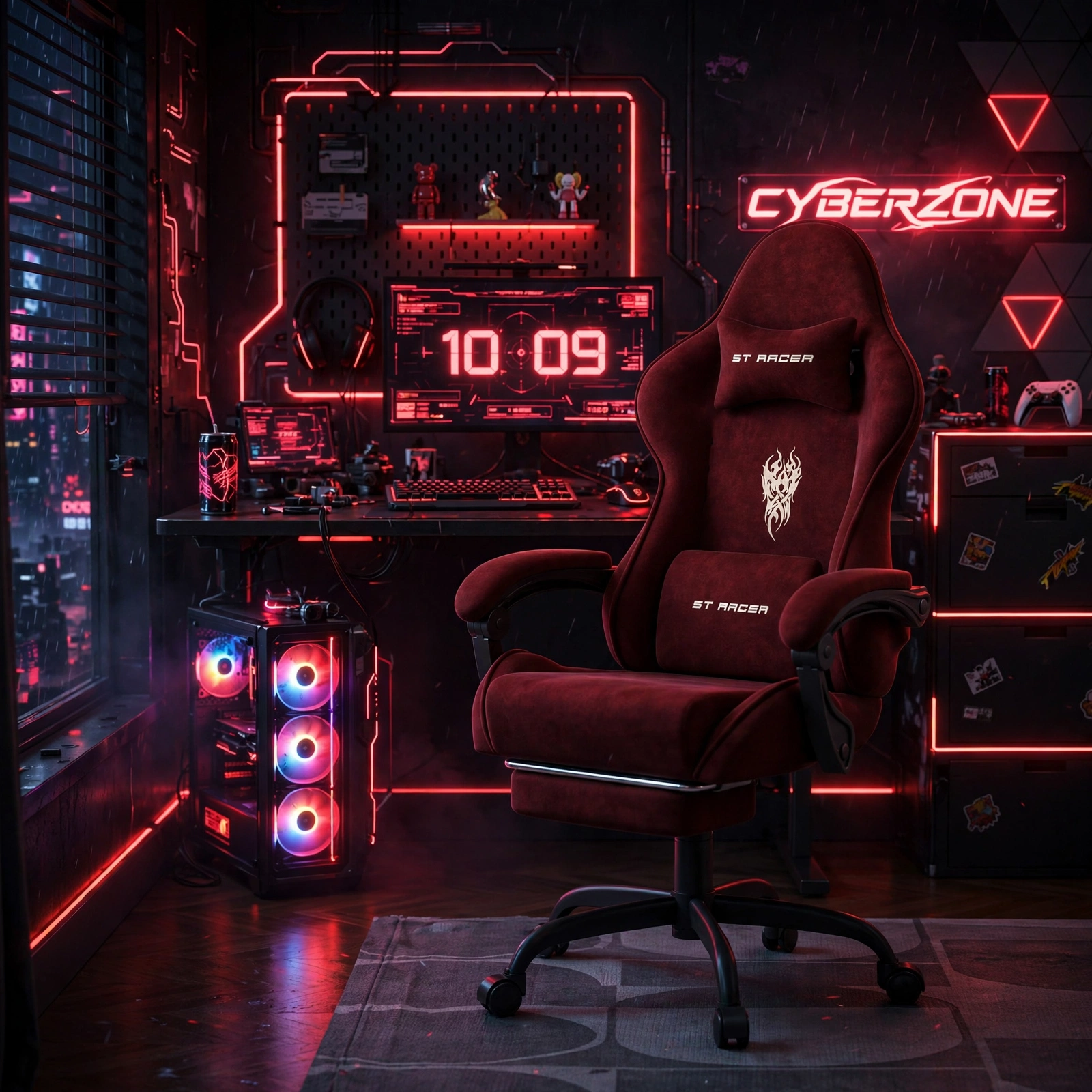 comfortable STRACER Velvet Upholstered Gaming Chair Featuring a Footrest, High Back Design, Ergonomic Support for Gamers, Includes Headrest And Massage Lumbar Pillow, Racing Style Reclining Video Game Chair 25 A moody cyberpunk gaming room illuminated by red neon lights and digital clocks, featuring a red color Velvet Upholstered Gaming Chair at the desk.