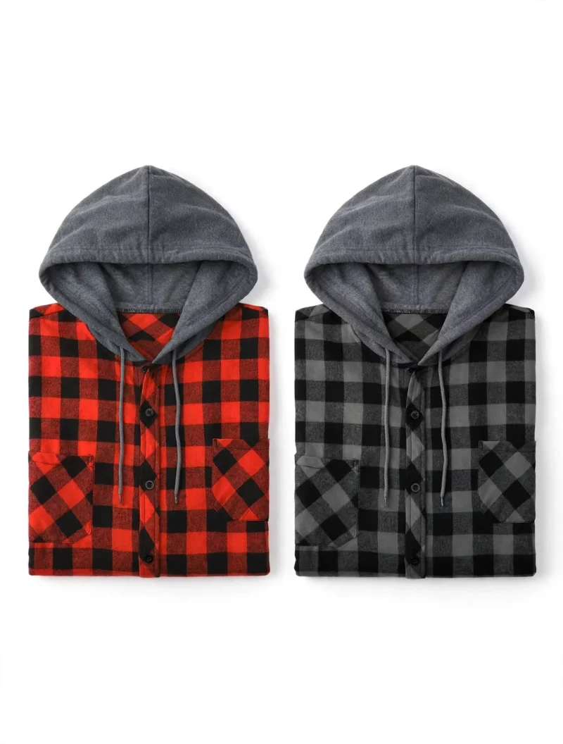 2pcs Men's New York Fashion Trendy Plaid Shirt Hoodie, Plaid Pullover Sweatshirt Flannel Hoodie 18 Two folded long-sleeve fashion trendy plaid shirt hoodies shown side by side, featuring a vibrant red plaid pattern on the left and a dark gray plaid pattern on the right.