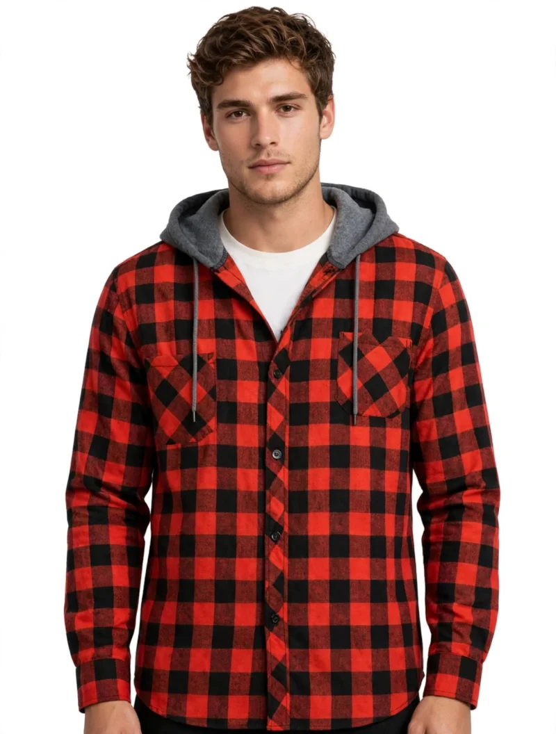 2pcs Men's New York Fashion Trendy Plaid Shirt Hoodie, Plaid Pullover Sweatshirt Flannel Hoodie 22 Front close-up of a male model wearing an open red and black fashion trendy plaid shirt hoodie over a white t-shirt against a white background.