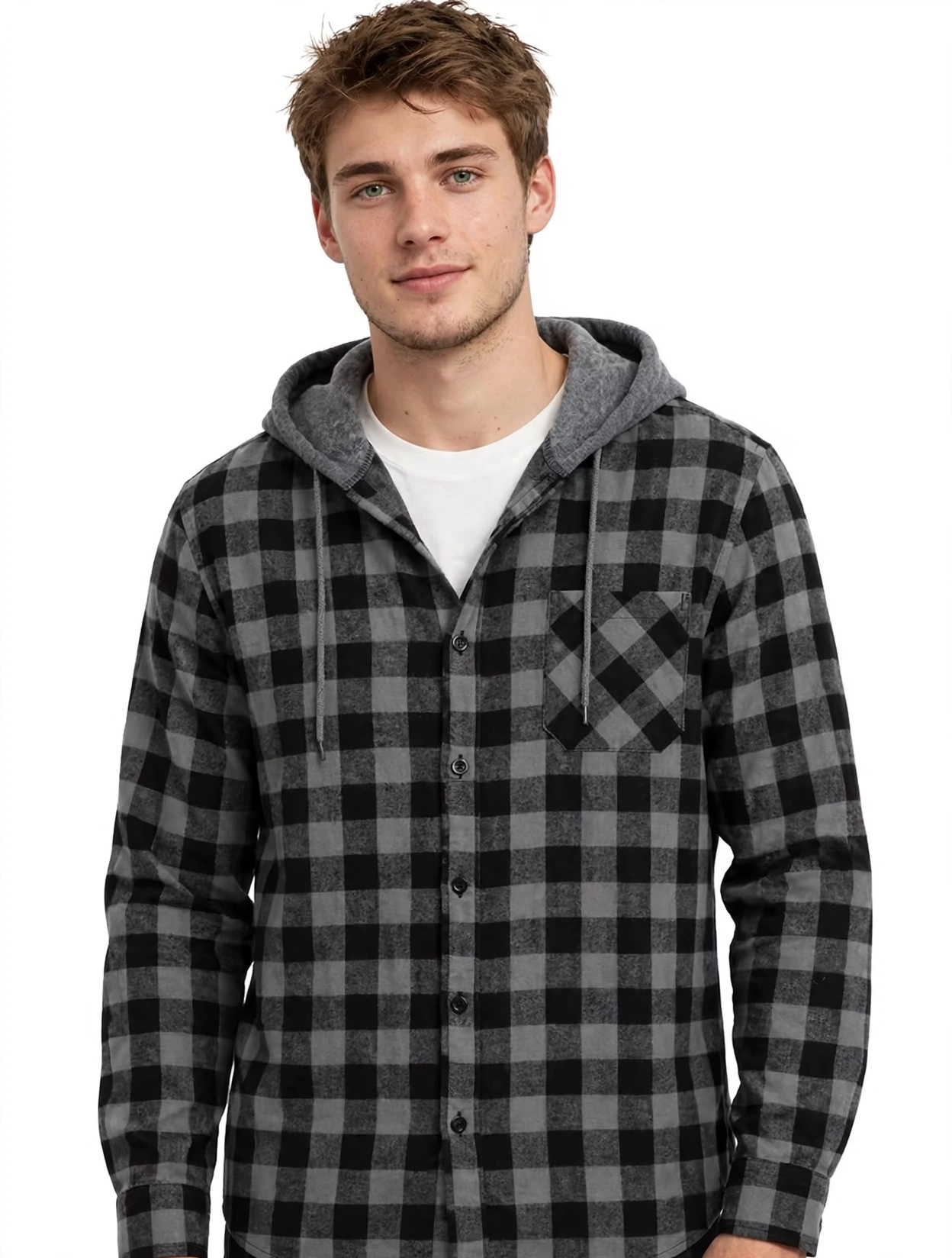 2pcs Men's New York Fashion Trendy Plaid Shirt Hoodie, Plaid Pullover Sweatshirt Flannel Hoodie 39 Front close-up of a male model wearing a dark gray and black fashion trendy plaid shirt hoodie over a white t-shirt against a white background.
