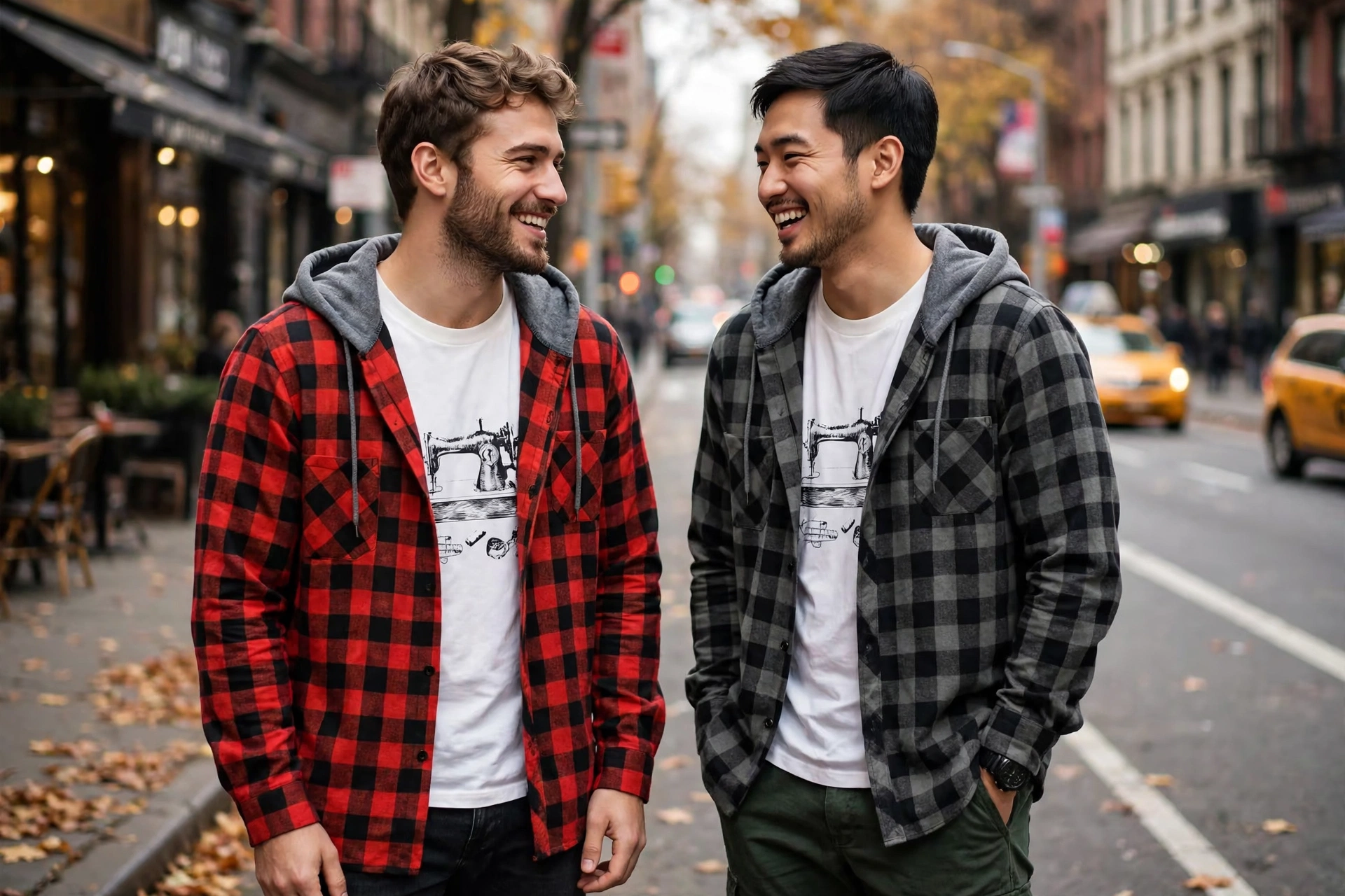 2pcs Men's New York Fashion Trendy Plaid Shirt Hoodie, Plaid Pullover Sweatshirt Flannel Hoodie 37 Two smiling men walking down an urban street in autumn, wearing red-black and dark-gray fashion trendy plaid shirt hoodies over white t-shirts.