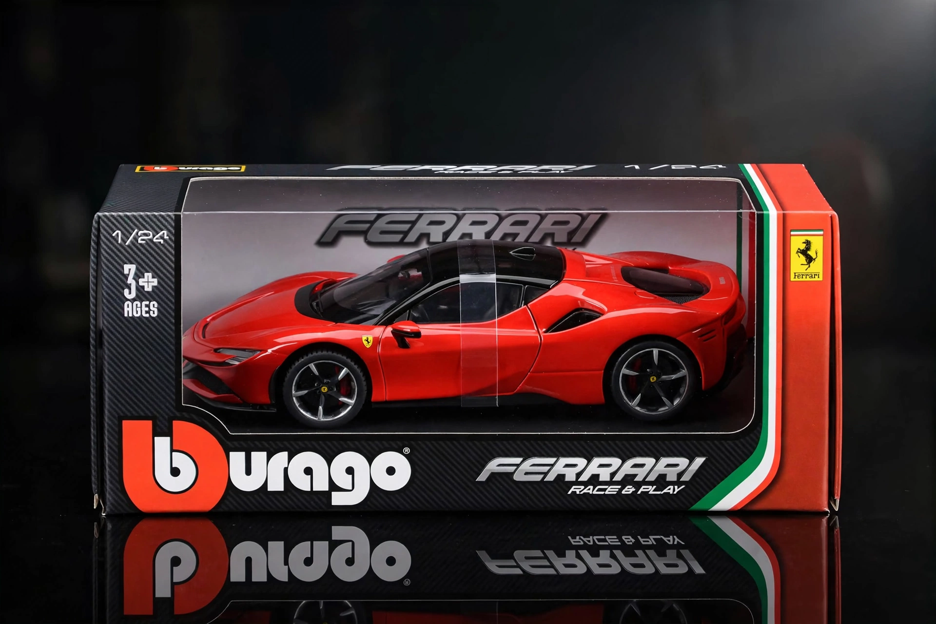 Burago 1:24 Scale Ferrari SF90 Stradale Diecast Model Car, Metal Alloy Sports Vehicle Collectible, Manual Operation, Red/Black, Sports Theme Gift 14 mrali red ferrari box studio