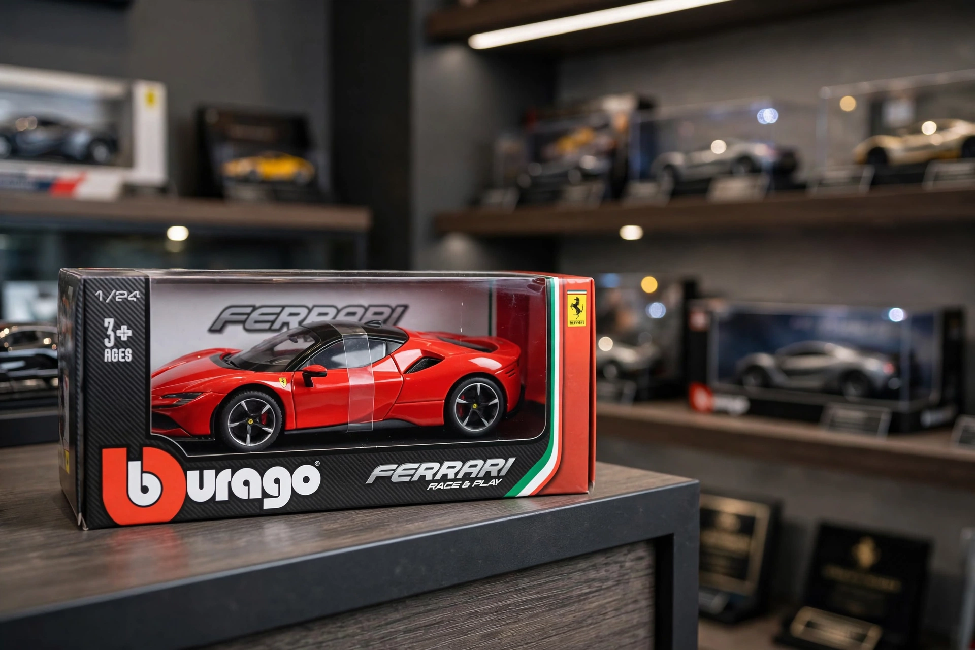 Burago 1:24 Scale Ferrari SF90 Stradale Diecast Model Car, Metal Alloy Sports Vehicle Collectible, Manual Operation, Red/Black, Sports Theme Gift 13 Retail or museum shelf display featuring the boxed red Ferrari SF90 Stradale Diecast Model Car.