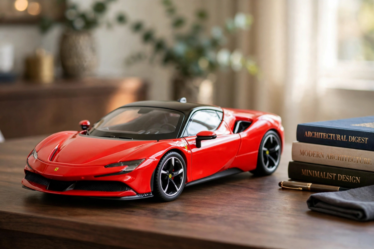 Burago 1:24 Scale Ferrari SF90 Stradale Diecast Model Car, Metal Alloy Sports Vehicle Collectible, Manual Operation, Red/Black, Sports Theme Gift 3 Lifestyle arrangement of the red Ferrari SF90 Stradale Diecast Model Car sitting on a wooden desk next to books.