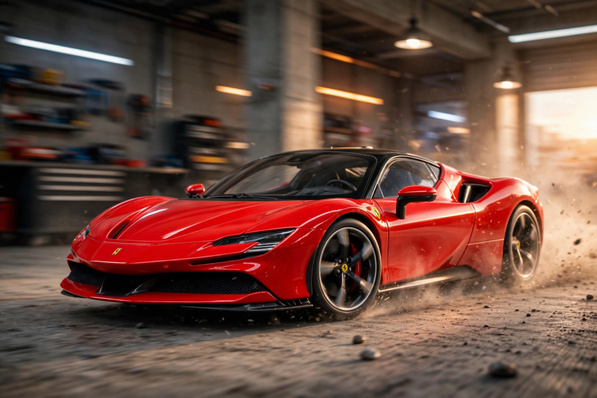 Burago 1:24 Scale Ferrari SF90 Stradale Diecast Model Car, Metal Alloy Sports Vehicle Collectible, Manual Operation, Red/Black, Sports Theme Gift 4 Dynamic motion blur depiction of the red Ferrari SF90 Stradale Diecast Model Car speeding through a workshop garage.