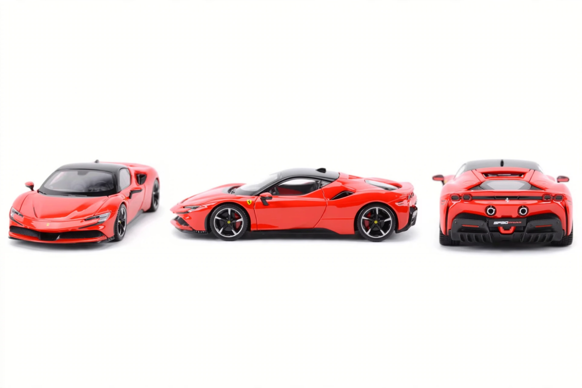 Burago 1:24 Scale Ferrari SF90 Stradale Diecast Model Car, Metal Alloy Sports Vehicle Collectible, Manual Operation, Red/Black, Sports Theme Gift 5 Composite image showing the front, profile, and rear views of the red Ferrari SF90 Stradale Diecast Model Car side-by-side.