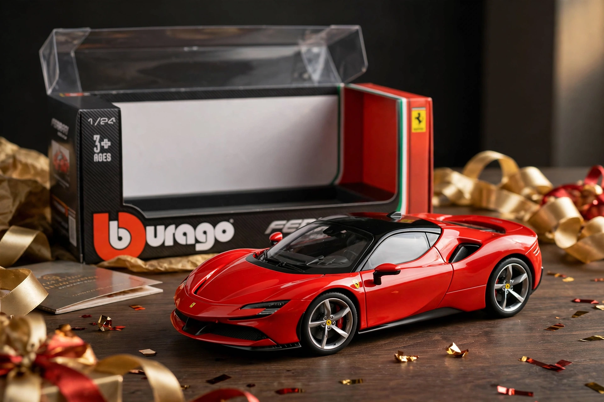Burago 1:24 Scale Ferrari SF90 Stradale Diecast Model Car, Metal Alloy Sports Vehicle Collectible, Manual Operation, Red/Black, Sports Theme Gift 9 Festive unboxing scene featuring the red Ferrari SF90 Stradale Diecast Model Car alongside golden ribbons and gift packaging.