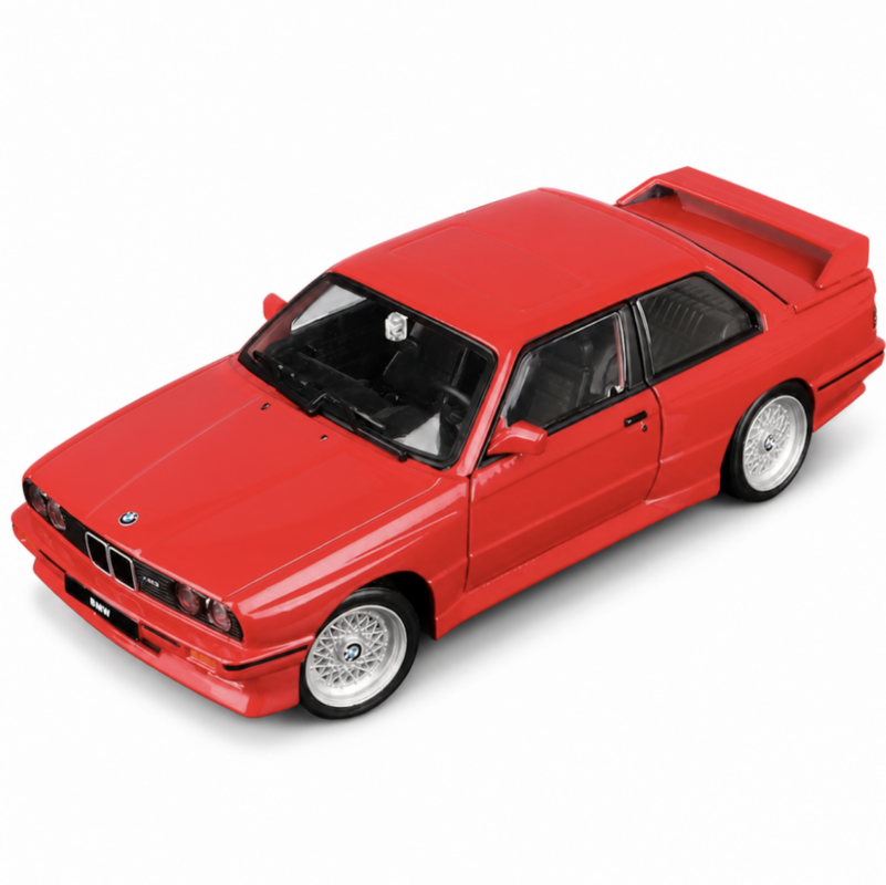 Precise dimensions diagram of the red color Scale for BMW M3 E30 die-cast model car on a black surface.
