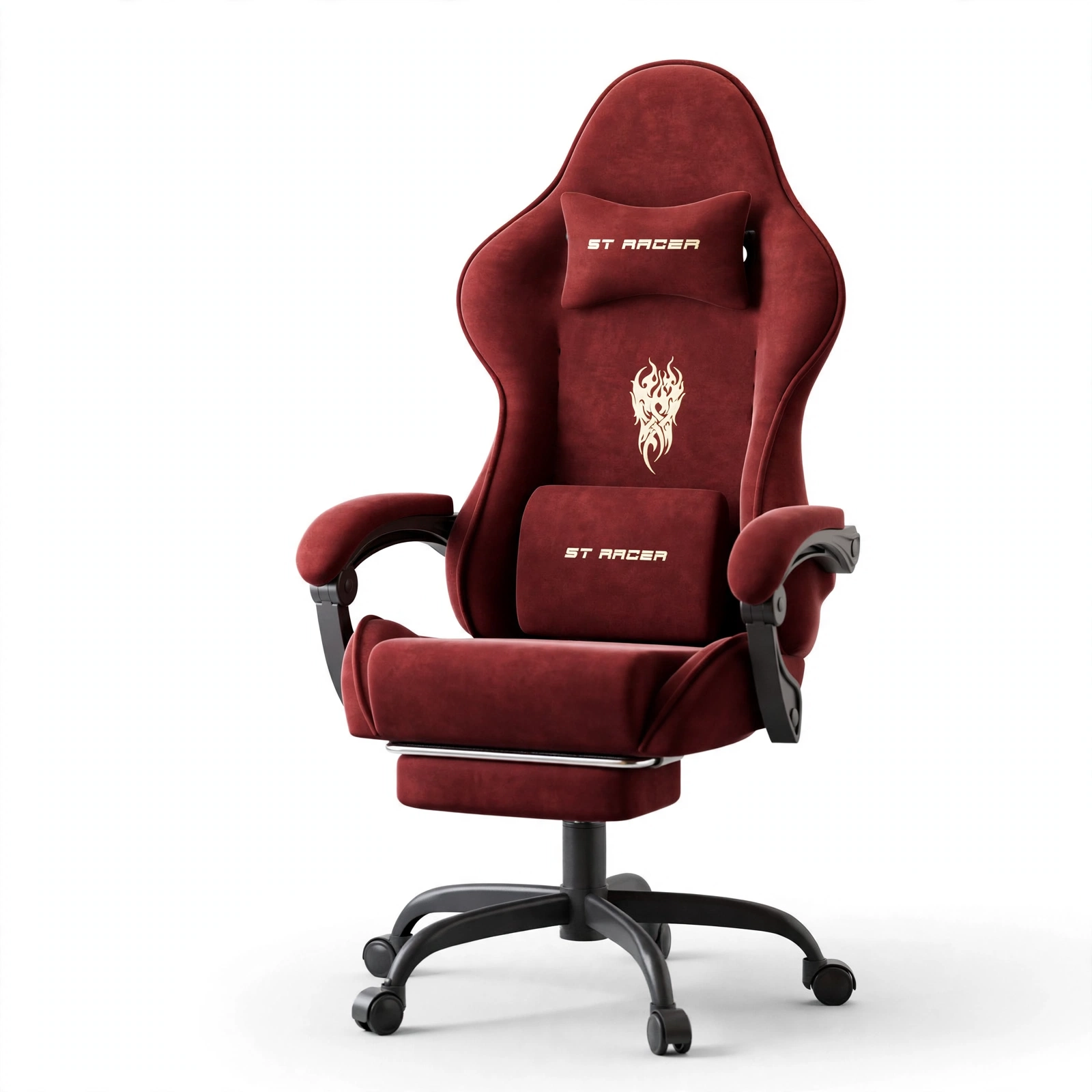 comfortable STRACER Velvet Upholstered Gaming Chair Featuring a Footrest, High Back Design, Ergonomic Support for Gamers, Includes Headrest And Massage Lumbar Pillow, Racing Style Reclining Video Game Chair 18 An isolated studio product photo of the red color Velvet Upholstered Gaming Chair against a solid white background, showing its full frame and lumbar cushion.
