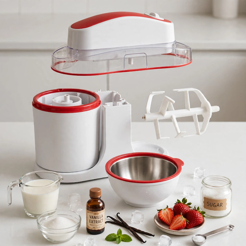 Home Ice Cream, Detachable Design for Easy Cleaning, Perfect for Making Homemade Ice Cream, Smoothies And Frozen Yogurt, 1QT, Party, Summer Essentials, Halloween And Christmas Gifts Suitable for Giving 6 Exploded view of the red Home Ice Cream machine displaying its disassembled components alongside fresh ingredients like milk, vanilla extract, sugar, and strawberries.