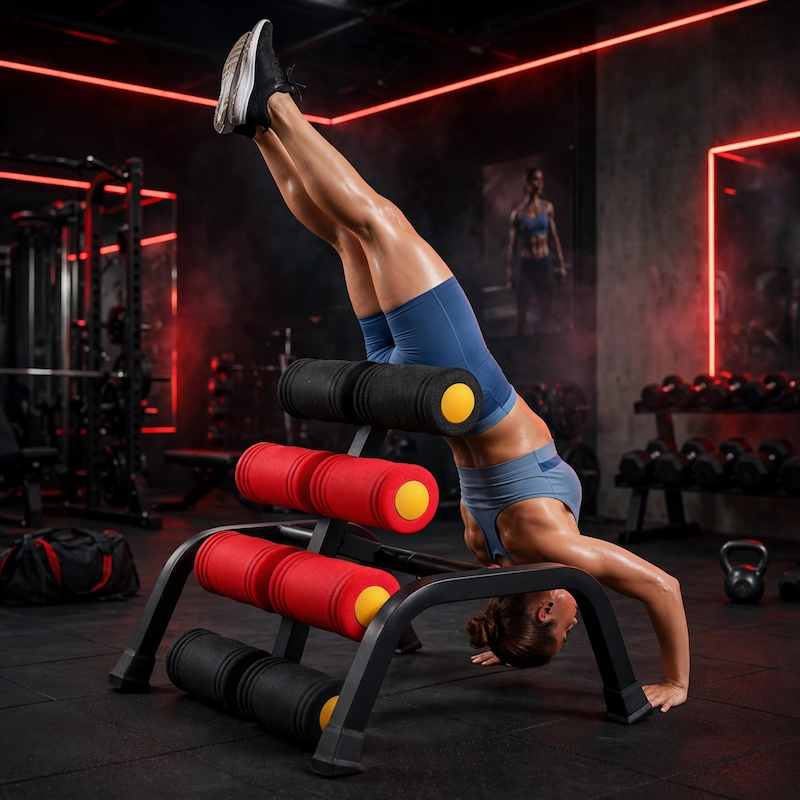 1 Mini Inversion Table Iron, Red, Back Stretch Machine, Ab Trainer, Fitness Yoga Equipment, Handstand Training Machine, Total Body Workout Equipment, Stretch The Back And Neck, Christmas Gift, New Year Gift, Brand: MBB 8 An athletic woman doing an advanced handstand and leg lift exercise using a red color Back Stretch Machine in a dark gym with red neon ambiance.