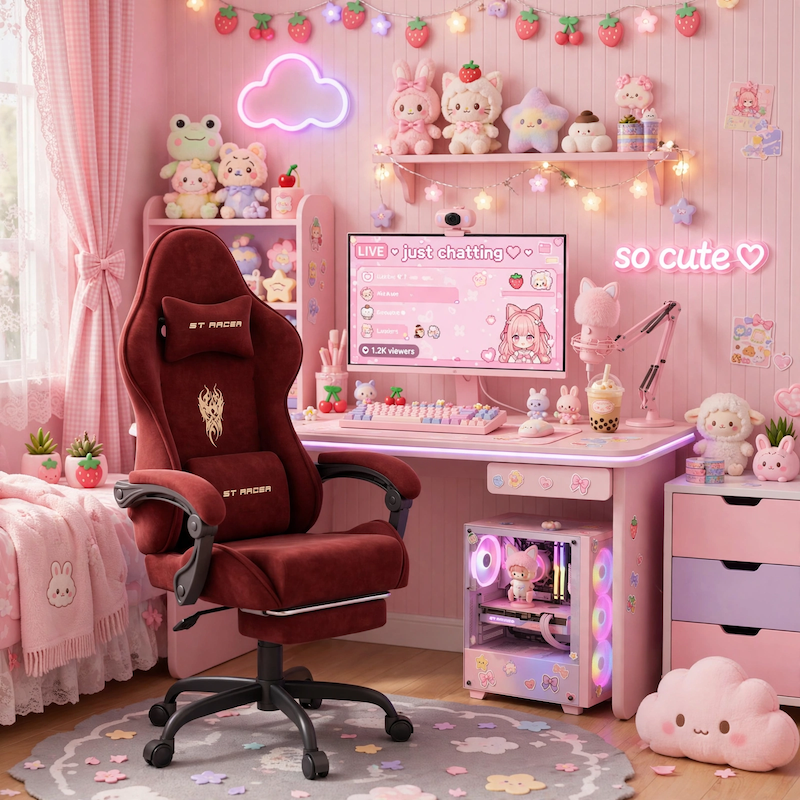 comfortable STRACER Velvet Upholstered Gaming Chair Featuring a Footrest, High Back Design, Ergonomic Support for Gamers, Includes Headrest And Massage Lumbar Pillow, Racing Style Reclining Video Game Chair 19 A bright pink and pastel kawaii streamer room filled with cute plushies, fairy lights, and a live-streaming monitor, featuring a red color Velvet Upholstered Gaming Chair.