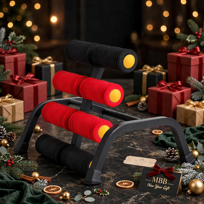 1 Mini Inversion Table Iron, Red, Back Stretch Machine, Ab Trainer, Fitness Yoga Equipment, Handstand Training Machine, Total Body Workout Equipment, Stretch The Back And Neck, Christmas Gift, New Year Gift, Brand: MBB 11 A red color Back Stretch Machine displayed elegantly next to beautifully wrapped gift boxes and festive holiday decorations with warm background lights.