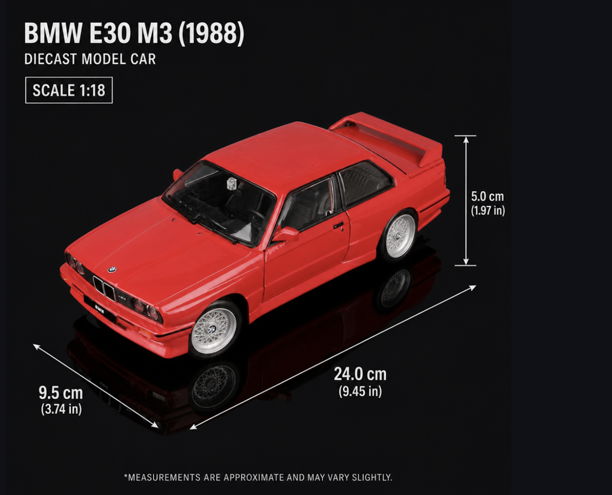 exclusive Burago 1:24 Scale for BMW M3 (E30) Collectible Die-Cast Model Car Suitable for & - Iconic Sports Car Replica, Metal, for BMW & for BMW M3 Decals 11 Four-panel showcase grid highlighting side profile, front, rear, and wheel details of the red color Scale for BMW M3.