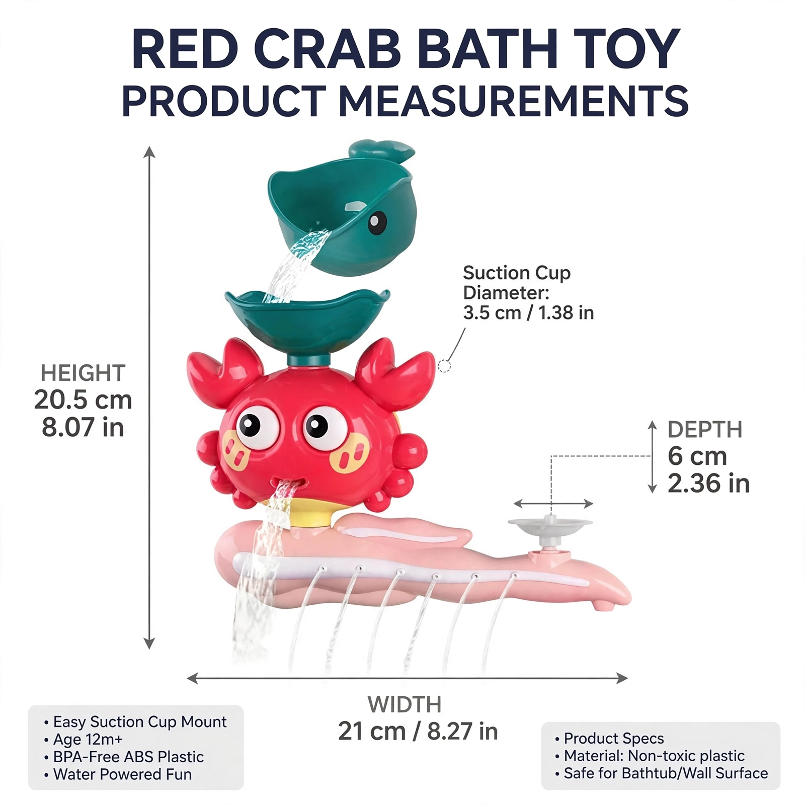 Interactive Suction Cup Bath Toy Set for Youngsters Durable ABS Material, Multi-Color Palette, Enhances Motor Skills & Playfulness 10 Measurement diagram displaying the size specifications of the red Interactive Suction Cup Bath Toy Set