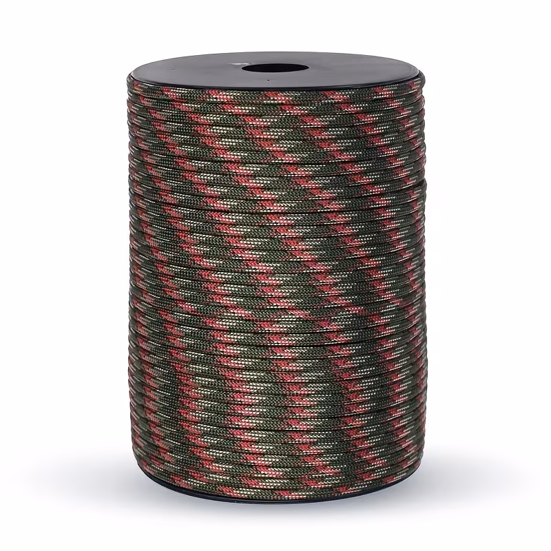 The Ultimate 164ft Roll of 9-Strand Rope 4mm: Heavy-Duty Utility Cord for Tents & Tarps 5 A full product shot of a substantial red mi color Roll of 9-Strand Rope 4mm, neatly wound on a black plastic spool against a clean white background. The visible rope pattern features a detailed weave of red, green, and cream/tan fibers.