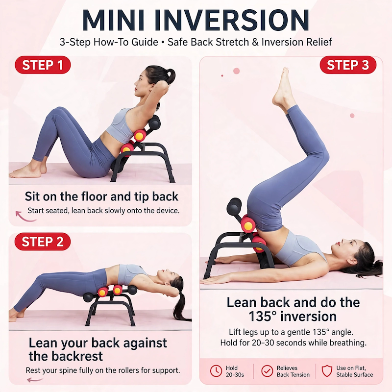 1 Mini Inversion Table Iron, Red, Back Stretch Machine, Ab Trainer, Fitness Yoga Equipment, Handstand Training Machine, Total Body Workout Equipment, Stretch The Back And Neck, Christmas Gift, New Year Gift, Brand: MBB 10 A 3-step instructional graphic demonstrating how to safely use the red color Back Stretch Machine for seating, back resting, and 135-degree inversion relief.