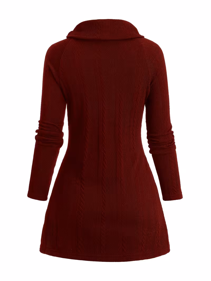 useful Sophisticated Decorative Buttoned Long Sleeve Top | Modern High Neck Knit for Business Casual 12 Rear Full View: The back profile of a deep red long sleeve top, showcasing a tapered slim-fit silhouette, continuous vertical cable knit patterns, and a smooth high cowl neck collar.
