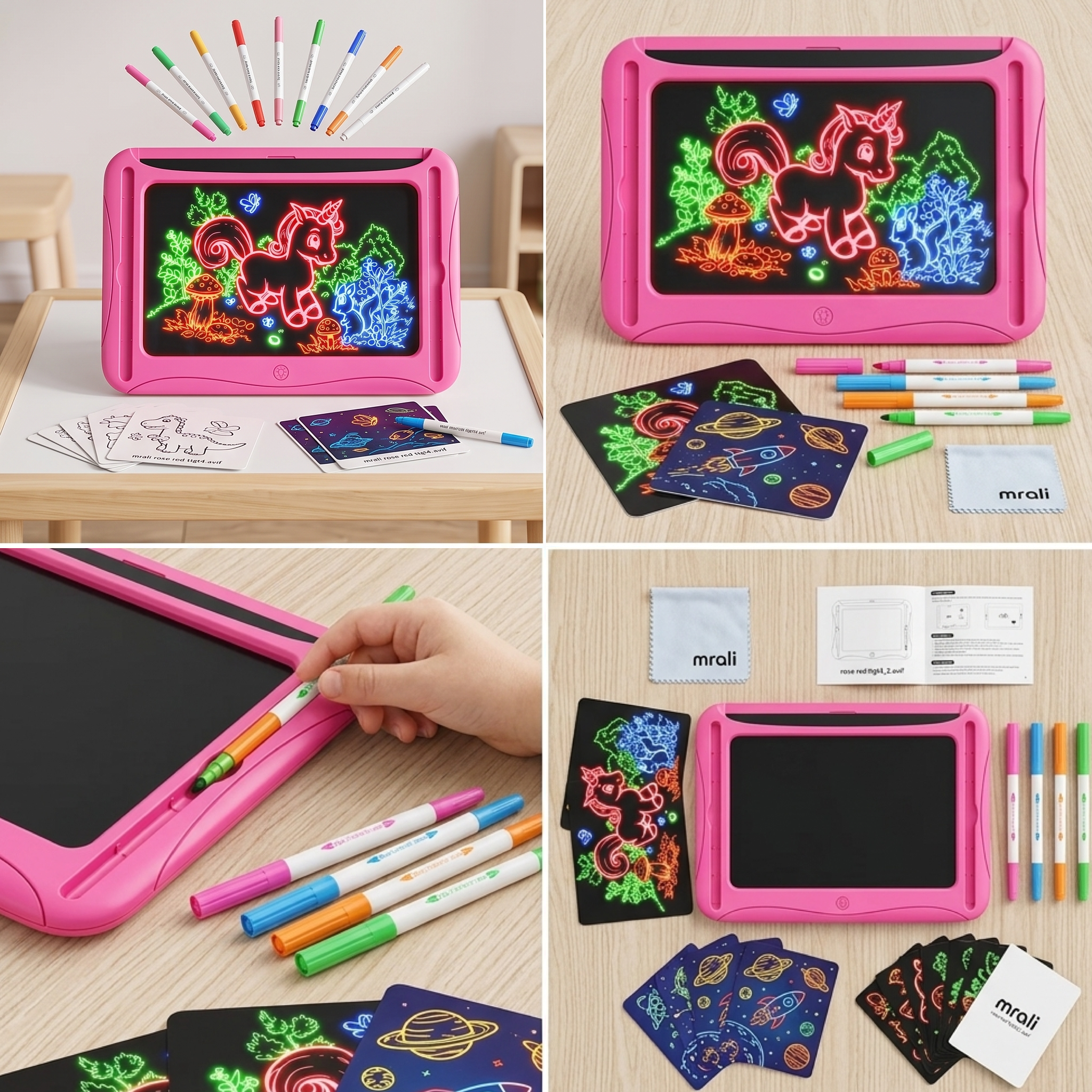 LED Light-Up Drawing Writing Doodle Board, Learning Travel Toy with 9 Double-Sided Cards, 6 Markers, Art Set, Suitable for Birthday Gifts And Christmas Gifts for Girls And Boys Aged 3-8. 15 A red rose color LED Light Up Drawing Writing Doodle Board shown with its accessories, including colorful markers and neon art tracing cards.
