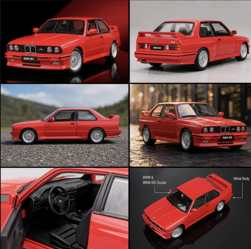 exclusive Burago 1:24 Scale for BMW M3 (E30) Collectible Die-Cast Model Car Suitable for & - Iconic Sports Car Replica, Metal, for BMW & for BMW M3 Decals 4 Low angle street view shot of the red color Scale for BMW M3 E30 replica sports car.