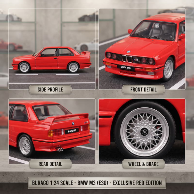 exclusive Burago 1:24 Scale for BMW M3 (E30) Collectible Die-Cast Model Car Suitable for & - Iconic Sports Car Replica, Metal, for BMW & for BMW M3 Decals 3 Six-panel composite view showing interior dashboard, exterior angles, and features of the red color Scale for BMW M3.