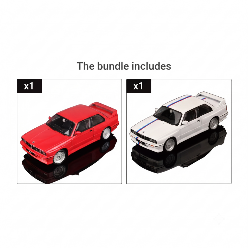 exclusive Burago 1:24 Scale for BMW M3 (E30) Collectible Die-Cast Model Car Suitable for & - Iconic Sports Car Replica, Metal, for BMW & for BMW M3 Decals 5 Four panel lifestyle grid showcasing the red white bundle color Scale for BMW M3 with garage display and trunk details.