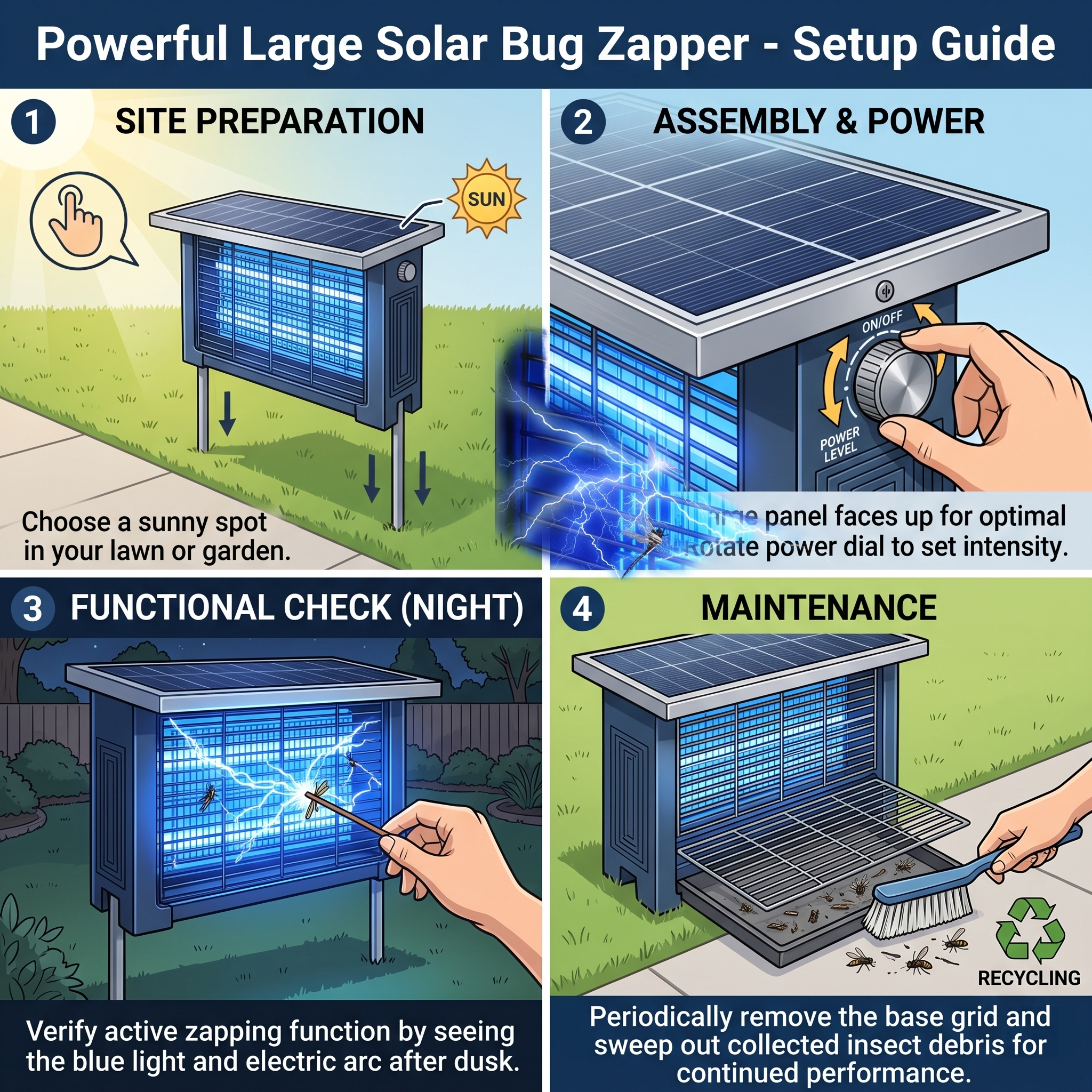 Powerful Large Solar Bug Zapper Outdoor for 2000Sq.ft, Poartable Rechargeable Mosquito Zapper with High Powered, Cordless Solar Fly Zapper for Patio Garden Backyard RV Camping Pond Pest Control 13 An instructional step-by-step 4-panel infographic showing the quick-start guide for the Powerful Large Solar Bug Zapper Outdoor. Panels depict: (1) choosing a sunny lawn spot for site preparation, (2) rotating the dial for power level intensity, (3) verifying the night active zapping function via blue UV light arcs, and (4) sweeping out collected debris from the removable base grid.
