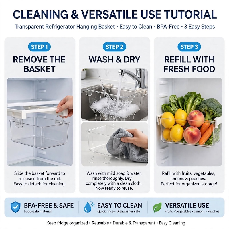 1pc Refrigerator Drawer Organizer Egg Rack, Refrigerator Drawer Storage Box Hanging Basket, Kitchen Fresh-keeping Freezer Shelf Holding Artifact, Suitable for Pull-out Refrigerator Drawer, Transparent Fruit and Vegetable Storage Box 11 3-step tutorial infographic displaying how to remove, wash, and refill the 1pc Refrigerator Drawer Organizer Egg Rack.