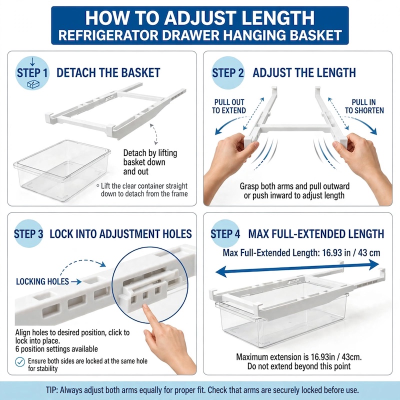 1pc Refrigerator Drawer Organizer Egg Rack, Refrigerator Drawer Storage Box Hanging Basket, Kitchen Fresh-keeping Freezer Shelf Holding Artifact, Suitable for Pull-out Refrigerator Drawer, Transparent Fruit and Vegetable Storage Box 10 Infographic demonstrating the 4 steps to adjust the length and lock the frame of the 1pc Refrigerator Drawer Organizer Egg Rack.