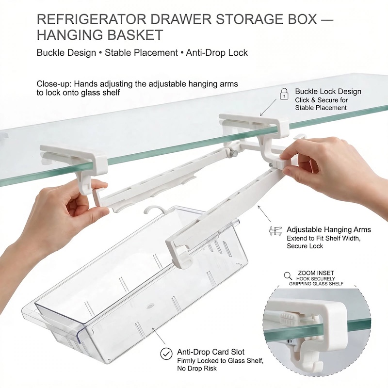 1pc Refrigerator Drawer Organizer Egg Rack, Refrigerator Drawer Storage Box Hanging Basket, Kitchen Fresh-keeping Freezer Shelf Holding Artifact, Suitable for Pull-out Refrigerator Drawer, Transparent Fruit and Vegetable Storage Box 9 Close-up hands adjusting the hanging arms and buckle lock of the 1pc Refrigerator Drawer Organizer Egg Rack onto a glass shelf.