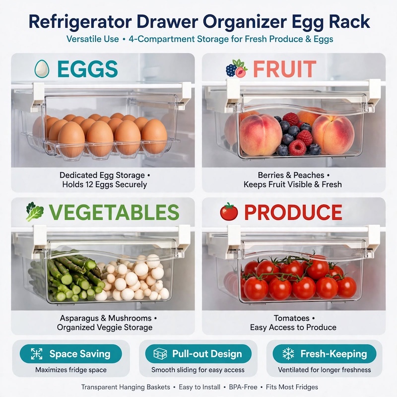 1pc Refrigerator Drawer Organizer Egg Rack, Refrigerator Drawer Storage Box Hanging Basket, Kitchen Fresh-keeping Freezer Shelf Holding Artifact, Suitable for Pull-out Refrigerator Drawer, Transparent Fruit and Vegetable Storage Box 8 Four-quadrant infographic showing the 1pc Refrigerator Drawer Organizer Egg Rack used for eggs, fruits, vegetables, and produce.
