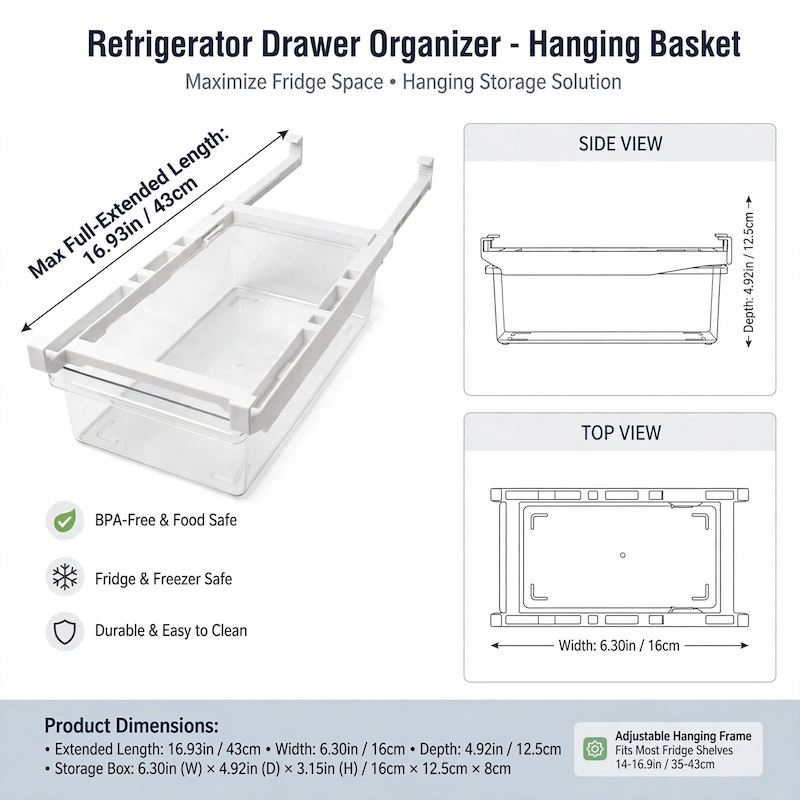 1pc Refrigerator Drawer Organizer Egg Rack, Refrigerator Drawer Storage Box Hanging Basket, Kitchen Fresh-keeping Freezer Shelf Holding Artifact, Suitable for Pull-out Refrigerator Drawer, Transparent Fruit and Vegetable Storage Box 12 Technical specification layout of the 1pc Refrigerator Drawer Organizer Egg Rack showing side, top, and maximum extended dimensions.