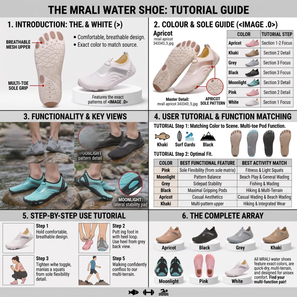 Unisex Quick-Dry Water Shoes, Comfortable and Breathable, Suitable for Fishing, Surfing, Hiking, Wading, Beach Play, and Fitness Squats 28 A 6-section educational product banner showcasing the Mrali barefoot line, including functional matching steps for pink color Unisex Quick-Dry Water Shoes, step-by-step wear illustrations, and a color array podium at the bottom.