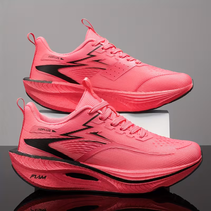 exclusive Men'S Fashion Lightweight Breathable Casual Sports Shoes | Low-Top Fabric Upper, Rubber Sole, Lace Closure, Suitable for All Seasons And Daily Wear 13 A stack of two men's rose red color Lightweight Breathable Casual Sports Shoes viewed from the lateral side, showing black lightning bolt designs and "FIAM" midsole branding