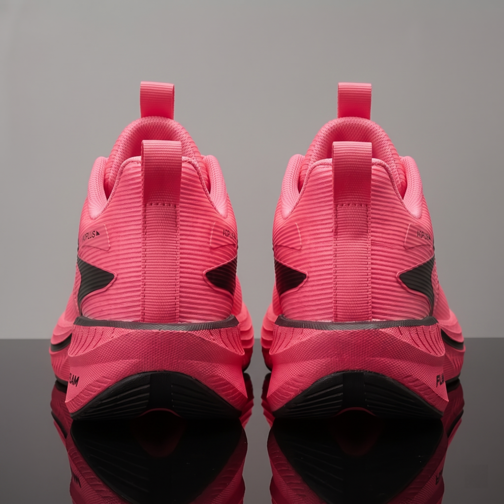 exclusive Men'S Fashion Lightweight Breathable Casual Sports Shoes | Low-Top Fabric Upper, Rubber Sole, Lace Closure, Suitable for All Seasons And Daily Wear 3 Rear view of a pair of rose red color Lightweight Breathable Casual Sports Shoes. The image (mrali rose red 43r334_2.jpg) highlights the heel pull tabs, black accents on the fabric upper, and the unique pink, sculpted midsole with text.