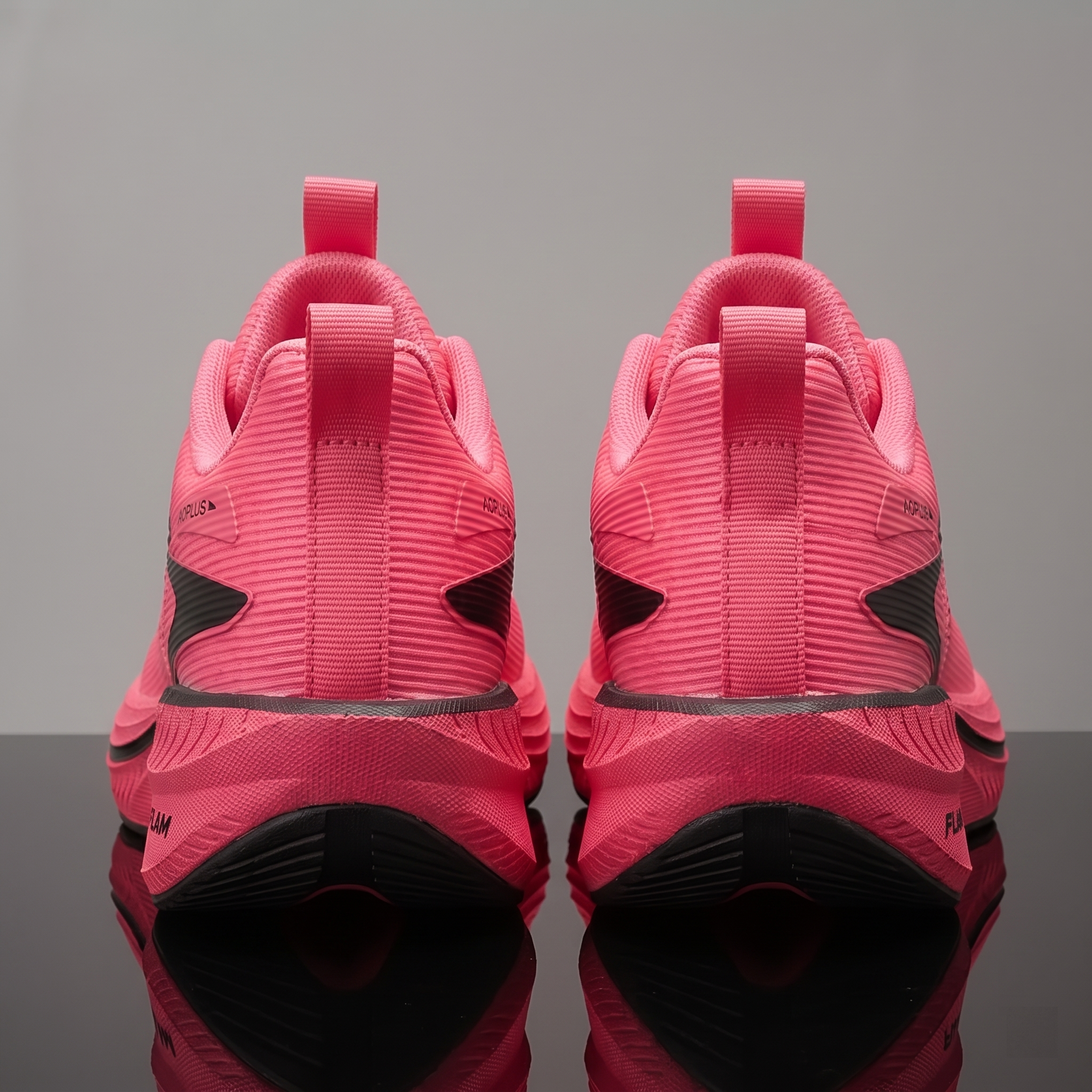 exclusive Men'S Fashion Lightweight Breathable Casual Sports Shoes | Low-Top Fabric Upper, Rubber Sole, Lace Closure, Suitable for All Seasons And Daily Wear 3 Rear view of a pair of rose red color Lightweight Breathable Casual Sports Shoes. The image (mrali rose red 43r334_2.jpg) highlights the heel pull tabs, black accents on the fabric upper, and the unique pink, sculpted midsole with text.