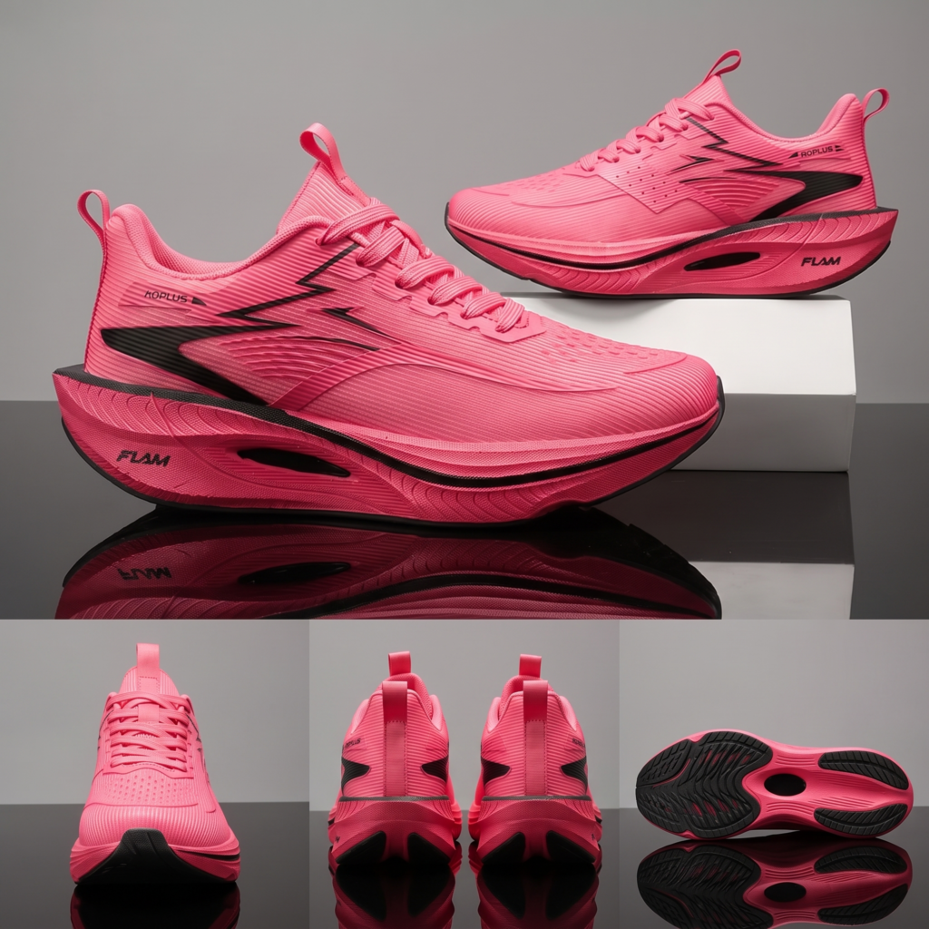 exclusive Men'S Fashion Lightweight Breathable Casual Sports Shoes | Low-Top Fabric Upper, Rubber Sole, Lace Closure, Suitable for All Seasons And Daily Wear 2 showing various views—side profile, front-facing, rear view, and outsole—of a pair of hot pink, low-top casual sports shoes with black accents and chunky white midsoles, as detailed in the referenced files