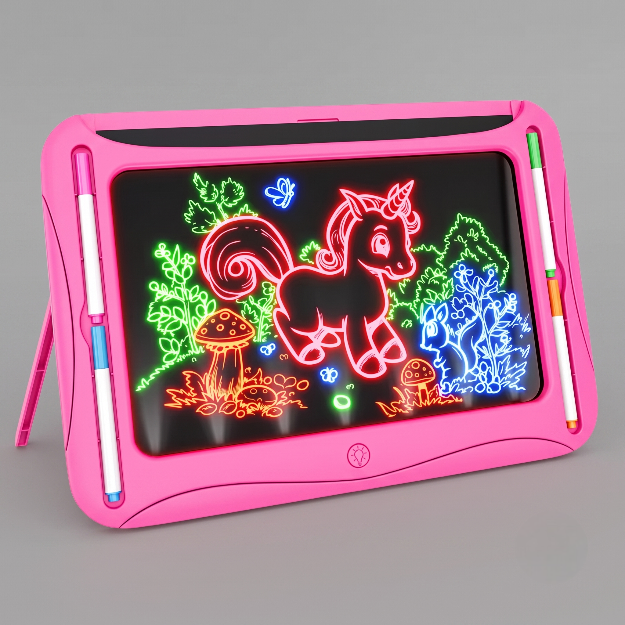 LED Light-Up Drawing Writing Doodle Board, Learning Travel Toy with 9 Double-Sided Cards, 6 Markers, Art Set, Suitable for Birthday Gifts And Christmas Gifts for Girls And Boys Aged 3-8. 16 A single red rose color LED Light Up Drawing Writing Doodle Board standing on a table, displaying a colorful neon unicorn drawing.