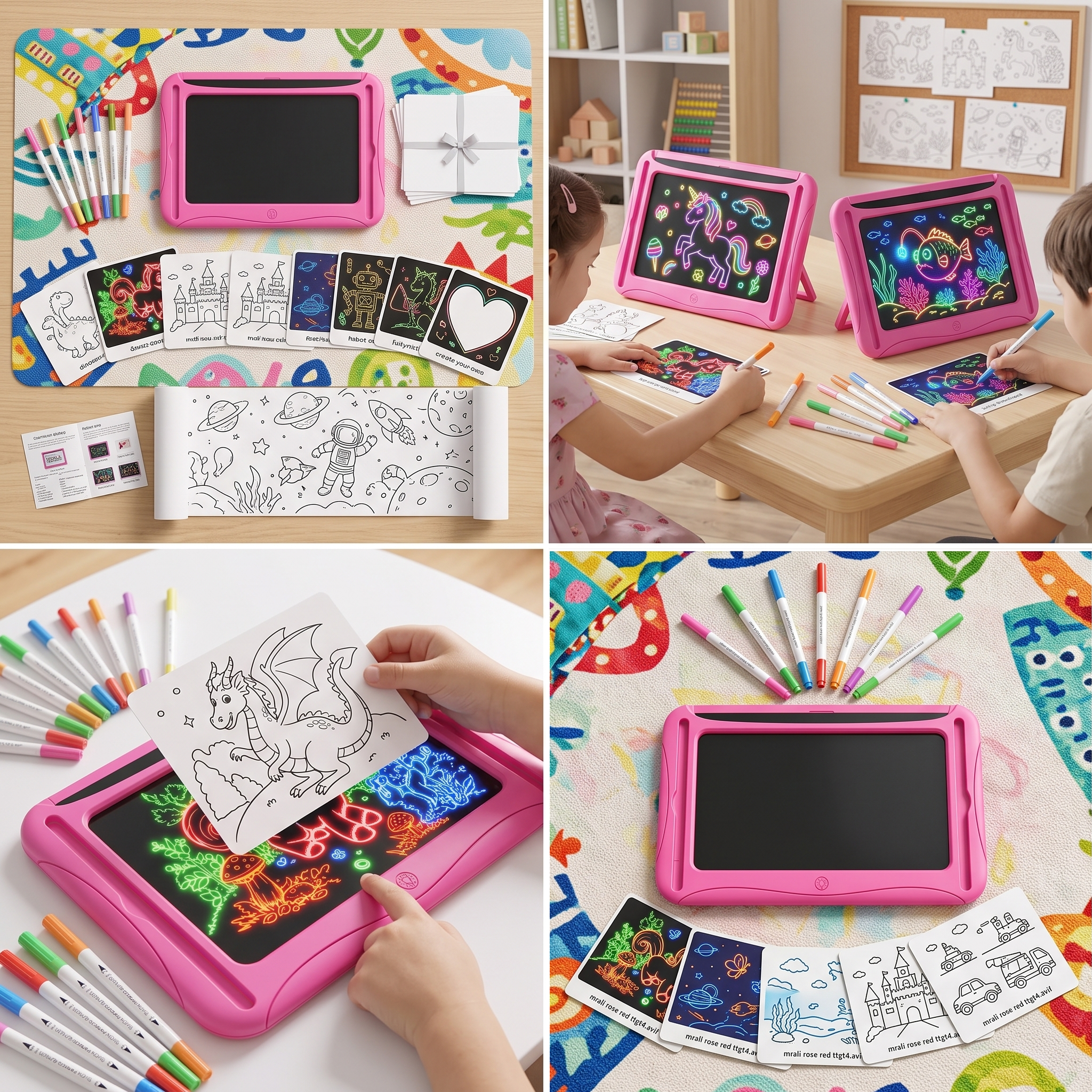 LED Light-Up Drawing Writing Doodle Board, Learning Travel Toy with 9 Double-Sided Cards, 6 Markers, Art Set, Suitable for Birthday Gifts And Christmas Gifts for Girls And Boys Aged 3-8. 20 A collage showing children playing with the red rose color LED Light Up Drawing Writing Doodle Board, using tracing cards and drawing on the glowing surface.