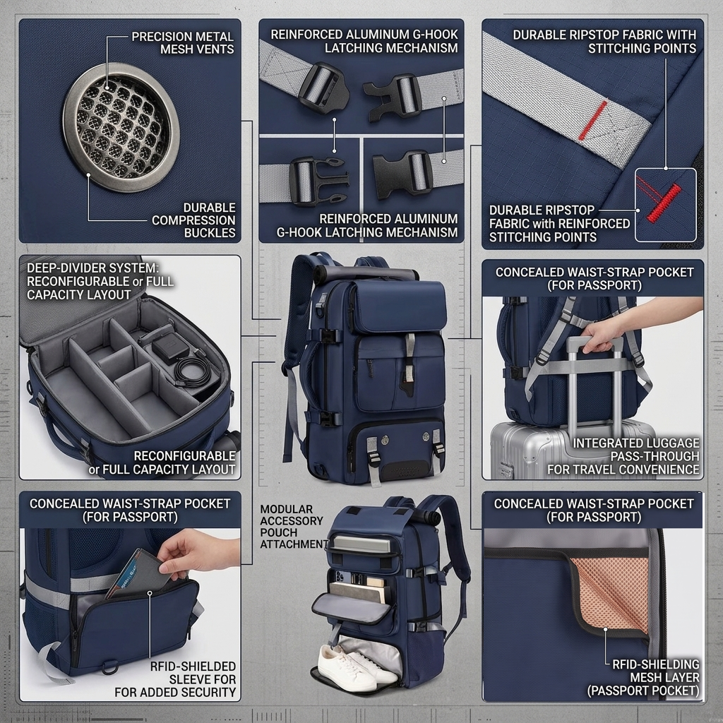 One Large Capacity Laptop Backpack, Designed for Both Men And Women, Featuring a Multifunctional Travel Design with a Compartment for Shoes, Ideal for Business Trips, Travel, College, Holiday Travel, Party Gifts, School Use 21 A technical infographic layout of a royal navy color One Large Capacity Laptop Backpack. Callouts indicate precision metal mesh vents, a reinforced aluminum G-hook latching mechanism, durable ripstop fabric with reinforced red stitching points, a reconfigurable internal deep divider system, an integrated luggage pass-through handle, and a concealed waist strap passport pocket lined with an RFID-shielding mesh layer.