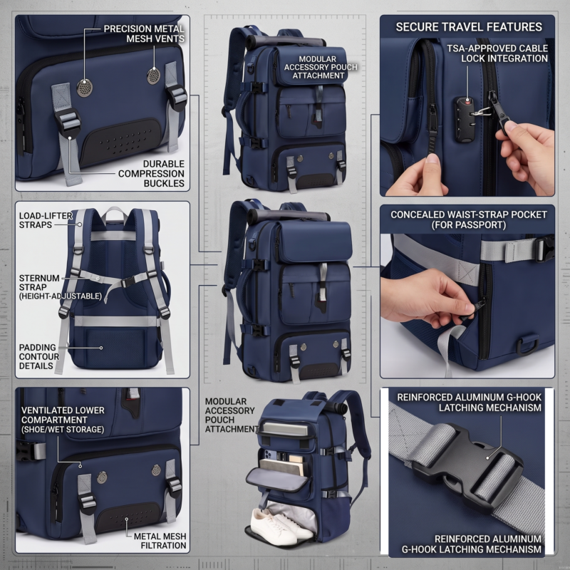 One Large Capacity Laptop Backpack, Designed for Both Men And Women, Featuring a Multifunctional Travel Design with a Compartment for Shoes, Ideal for Business Trips, Travel, College, Holiday Travel, Party Gifts, School Use 14 A comprehensive feature diagram of a royal navy color One Large Capacity Laptop Backpack. Insets highlight a TSA-approved cable lock integration, a height-adjustable sternum strap with load-lifter shoulder straps, contoured padding details on the back panel, durable compression buckles over metal mesh filtration vents, and a modular accessory pouch attachment system.