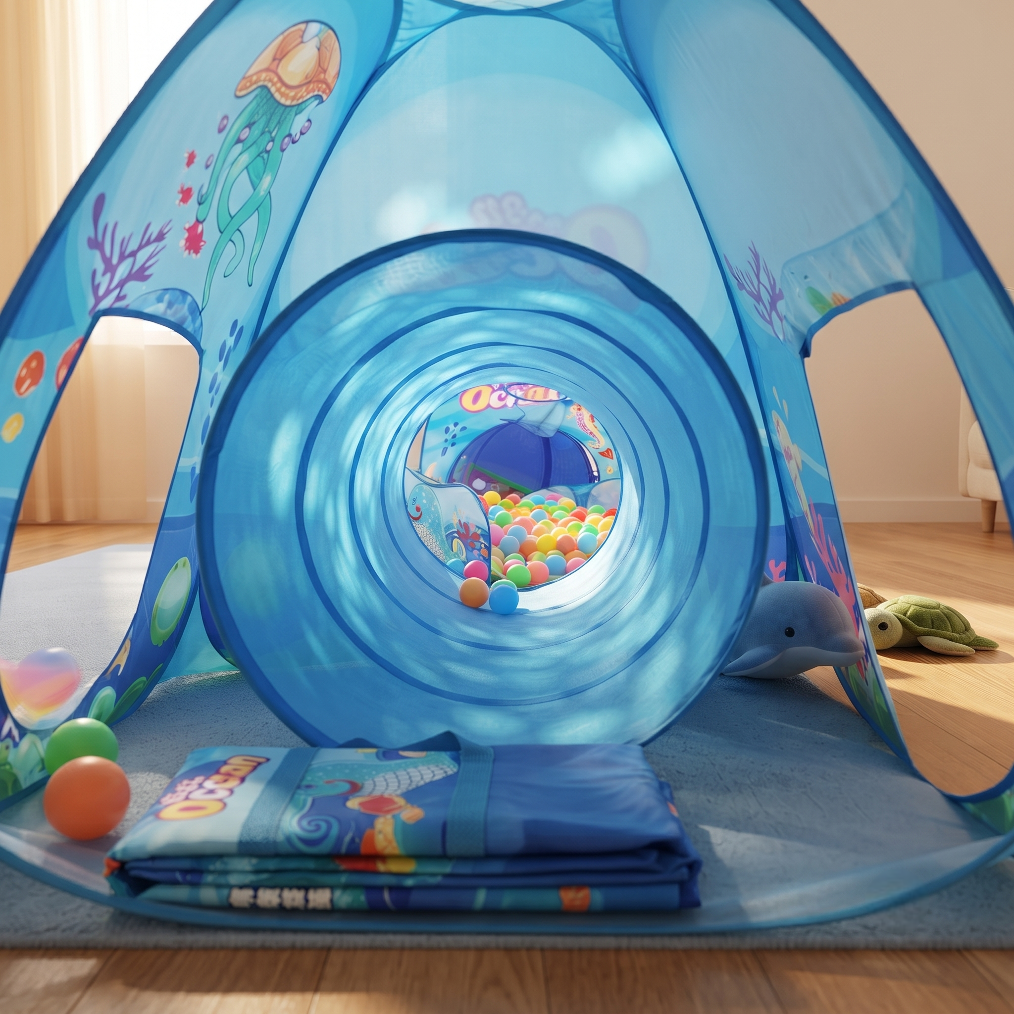 Blue Ocean 3pcs Kids Ball Pool, Suitable for Indoor and Outdoor Children's Play Tents, Themed Playhouses, Family Gatherings, and Crawling Practice. Ideal for Boys and Girls, Includes a Storage Bag. Perfect for Birthdays and Holidays as a Gift. Balls 9 Instructional graphic demonstrating the 4-step assembly process for the Blue Ocean 3pcs Kids Ball Pool.