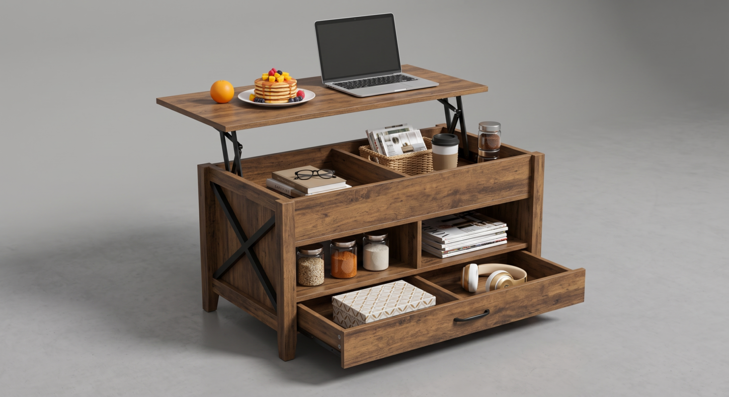 Coffee Table Lift Top, Multi-Function Convertible Coffee Table with Drawers and Hidden Compartment, Coffee Table Converts to Dining Table for Living Room, Home Office, Patio Furniture, outdoor furniture 13 A three-panel triptych view of the rustic brown Top Multi-Function Convertible Coffee Table. The left panel shows the front view, the center shows the detailed rear with X-brace, and the right panel shows a diagrammatic top-down view with labels.