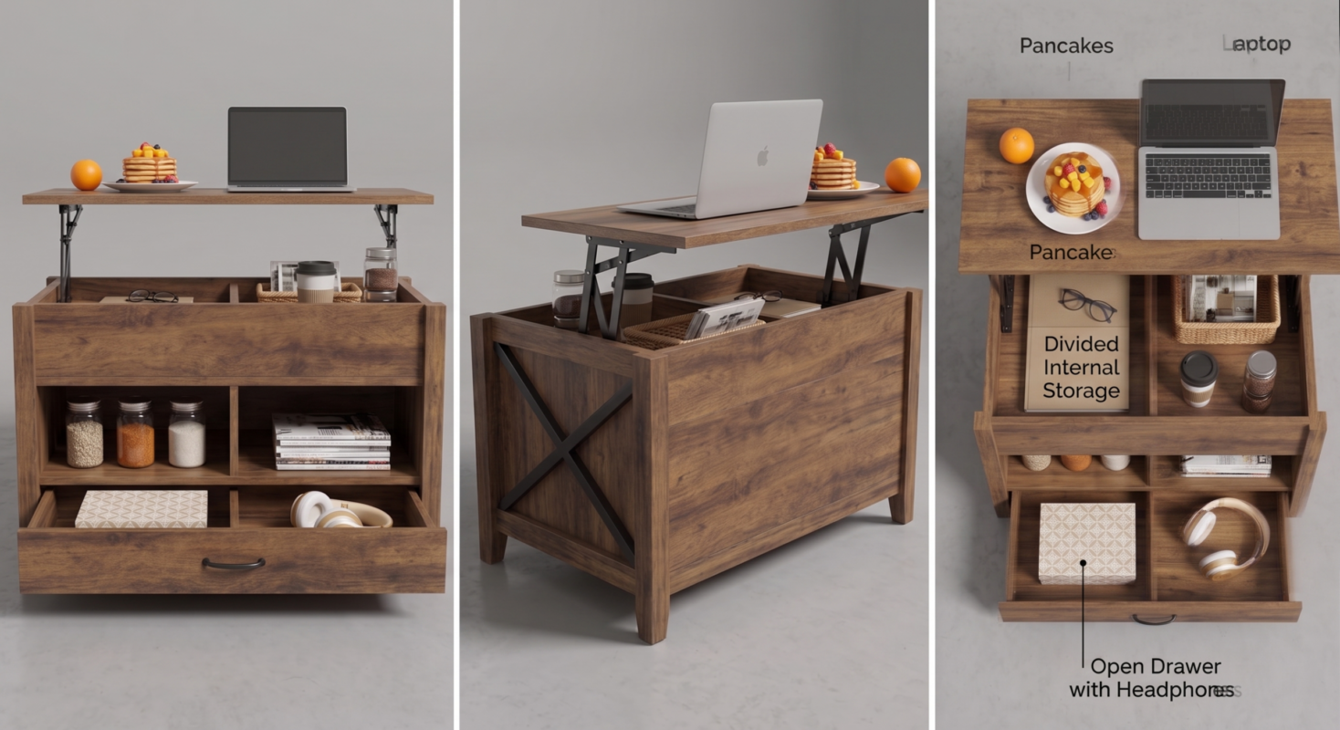 Coffee Table Lift Top, Multi-Function Convertible Coffee Table with Drawers and Hidden Compartment, Coffee Table Converts to Dining Table for Living Room, Home Office, Patio Furniture, outdoor furniture 12 A three-panel triptych view of the rustic brown Top Multi-Function Convertible Coffee Table. The left panel shows the front view, the center shows the detailed rear with X-brace, and the right panel shows a diagrammatic top-down view with labels.