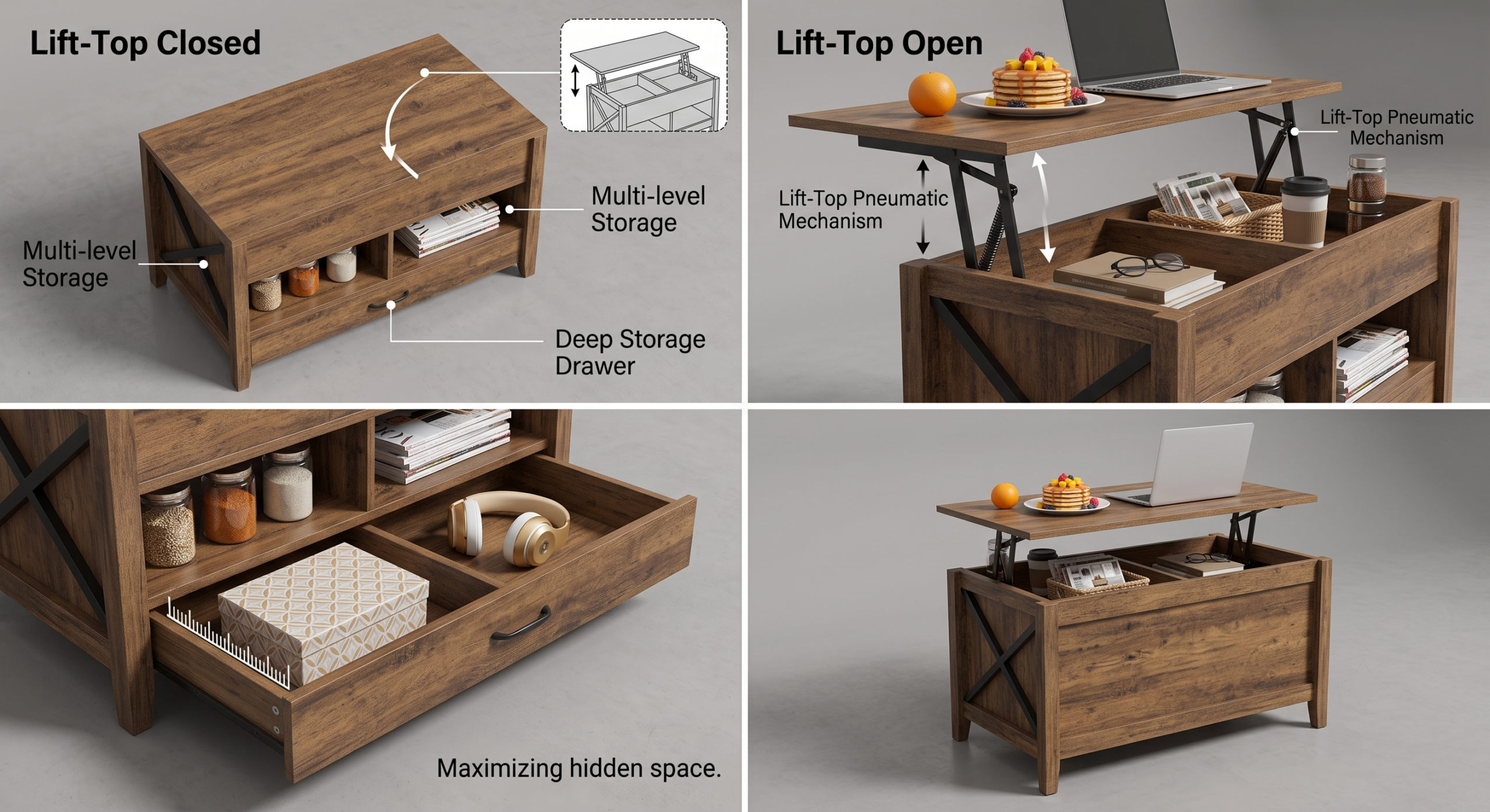 Coffee Table Lift Top, Multi-Function Convertible Coffee Table with Drawers and Hidden Compartment, Coffee Table Converts to Dining Table for Living Room, Home Office, Patio Furniture, outdoor furniture 18 A four-panel matrix focusing on specific features of the rustic brown Top Multi-Function Convertible Coffee Table. The panels highlight the lift pneumatic mechanism in close-up, the fully closed table, the close-up of the open drawer, and a final assembled populated view.