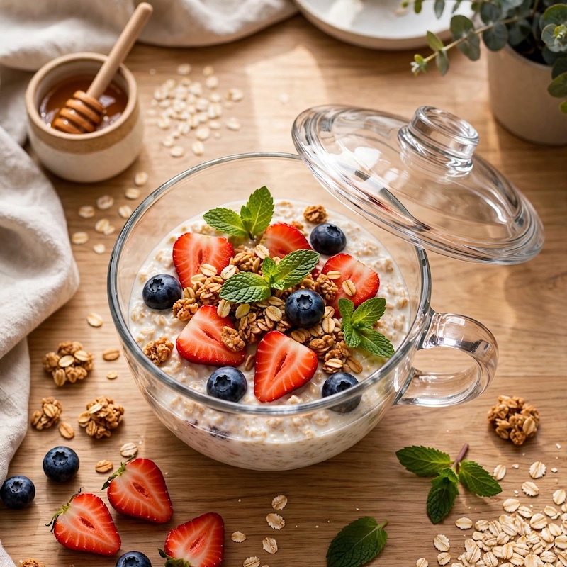 A Large-Capacity Tempered Glass Cup with a Lid And Handle, Thickened for Breakfast Oatmeal, Milk, And Suitable for Desserts, Pasta, And Rice, Microwave Safe 5 Top-down flatlay of creamy oatmeal topped with fresh strawberries and blueberries inside a Large-Capacity Tempered Glass Cup.